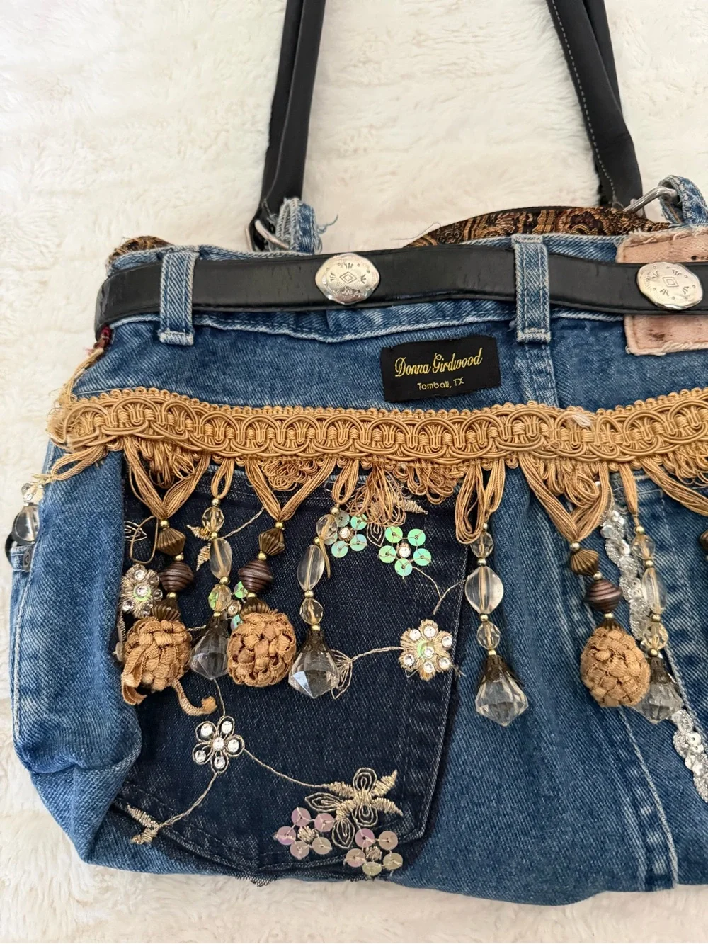 Embellished Denim Tote Bag with Beaded Fringe
